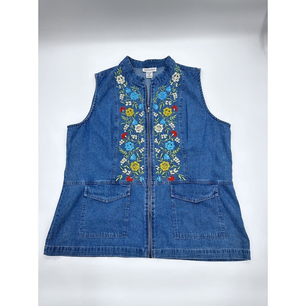 Country Stone Womens Plus Denim Vest XL Embroidered Flowers Relaxed Zipper - Picture 2 of 6